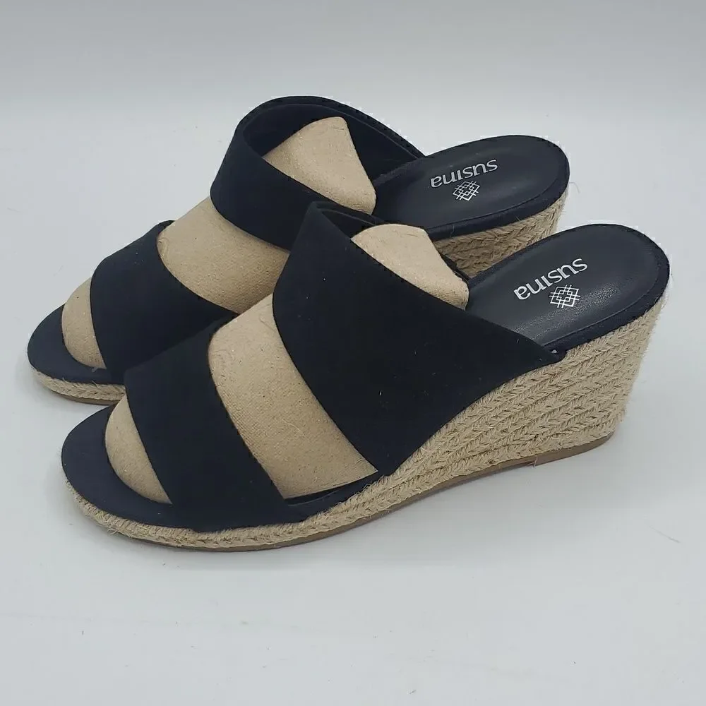 Susina Flynn Fab Black Wedges Espadrille Braided Wedge Heels Size 7.5 New